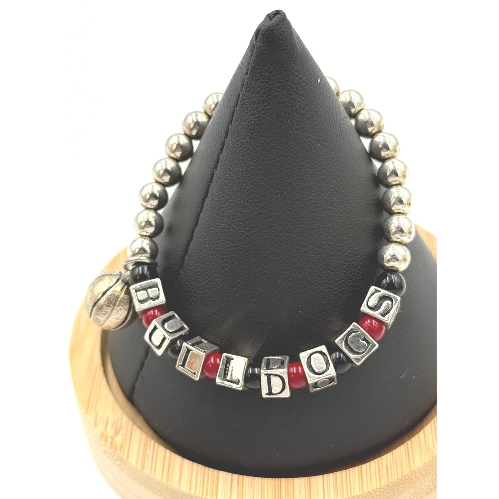 Unbranded GA Bulldogs Basketball Charm Beaded Bracelet Metal Silver Red Black